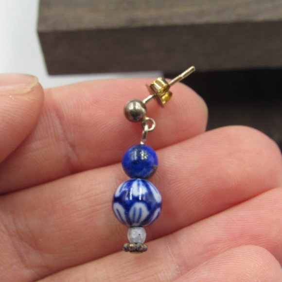 Sterling Silver Blue Glass Dangle Earrings Vintage - Picture 2 of 4